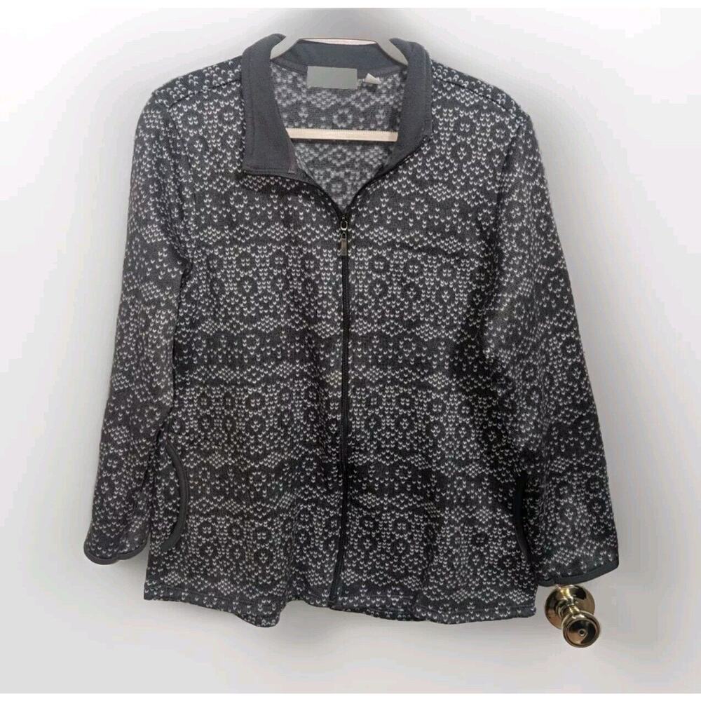 Stan Herman Full Zip Sweater Jacket Charcoal Grey White Knit Pattern Size Large‎